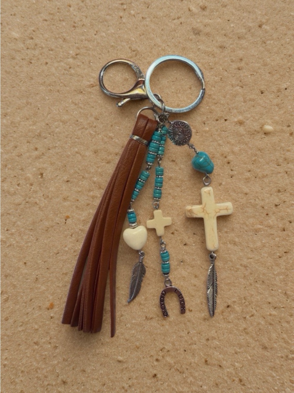 Cowgirl Cross Keychain &  Bag Tassel Faux Turquoise Beads & Silver Alloy Charms